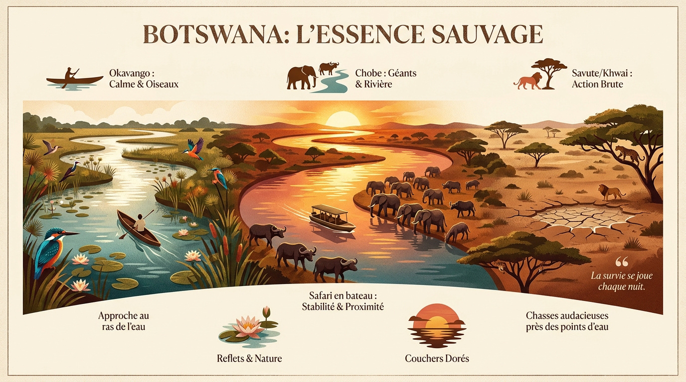 Éléphant traversant une rivière au Botswana lors d'un safari photo