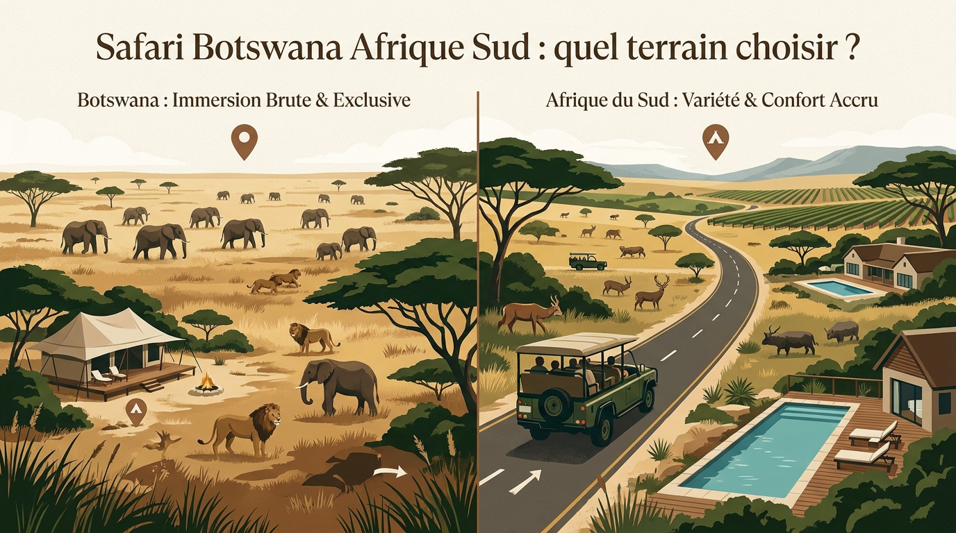 Comparatif safari entre les paysages sauvages du Botswana et les parcs d'Afrique du Sud