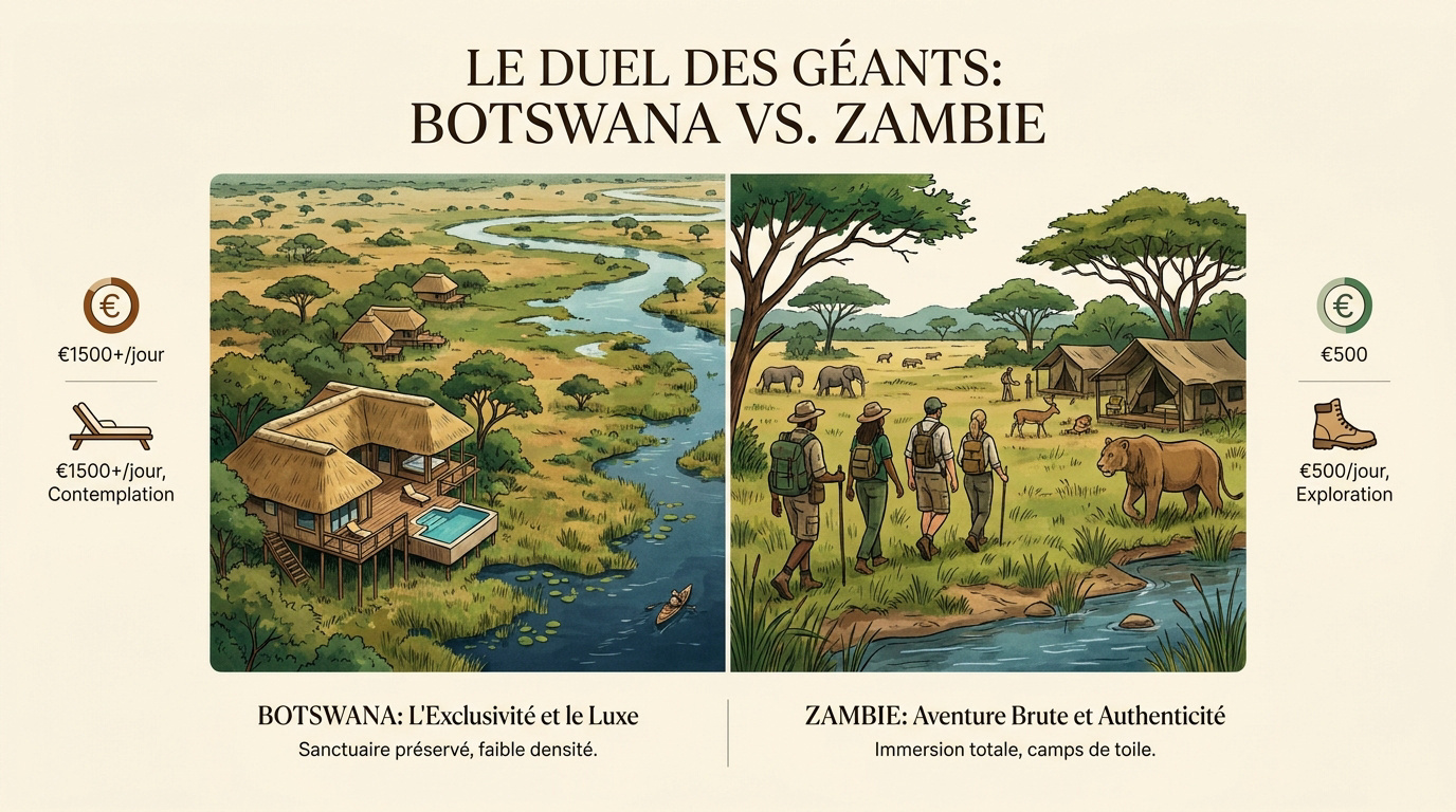 Comparatif safari Botswana vs Zambie : éléphants dans le Chobe et paysage sauvage zambien