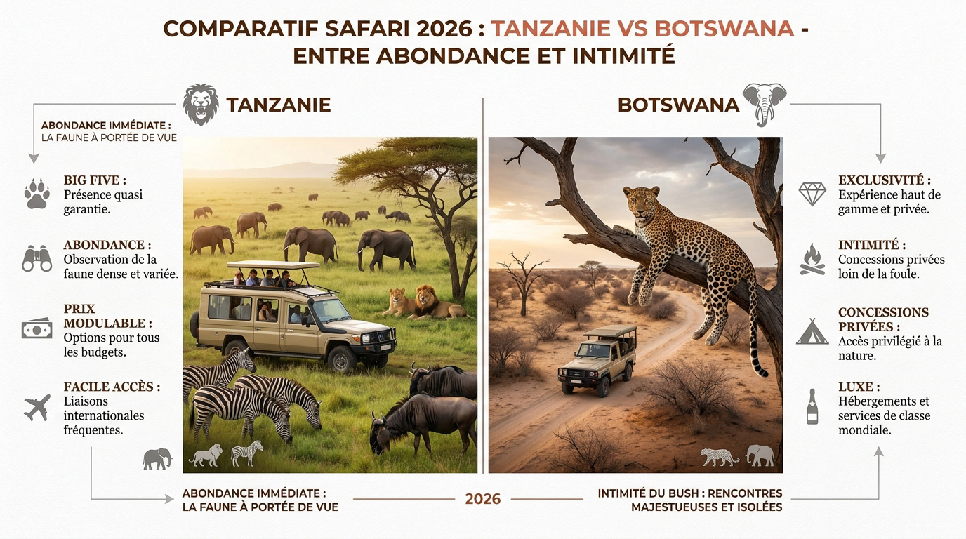 Comparatif safari entre les plaines de Tanzanie et les canaux du Botswana