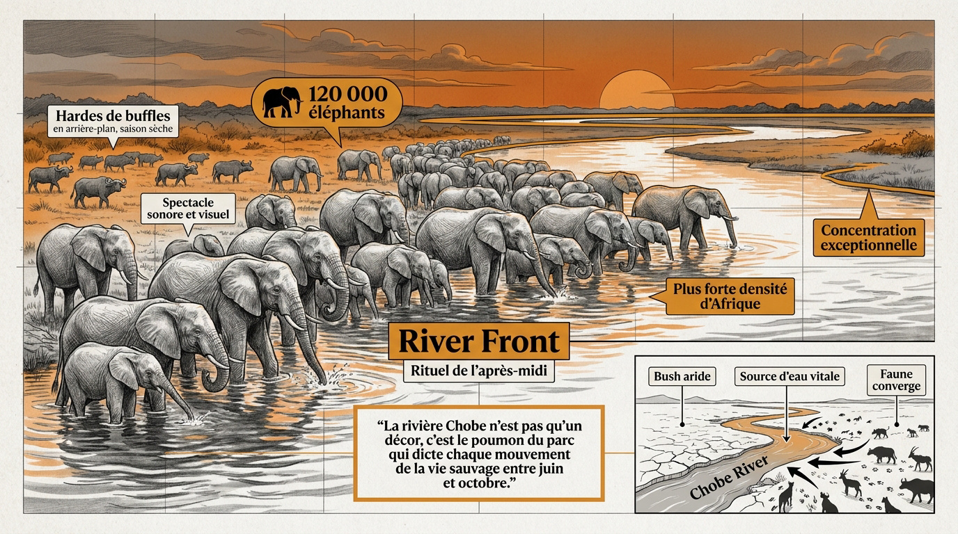 Troupeau d'éléphants s'abreuvant sur les rives de la rivière Chobe au Botswana