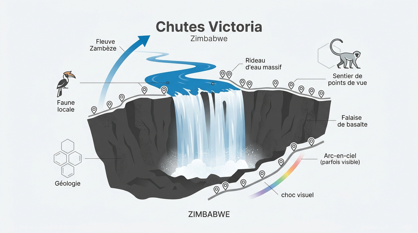 Infographie des dimensions des chutes Victoria au Zimbabwe