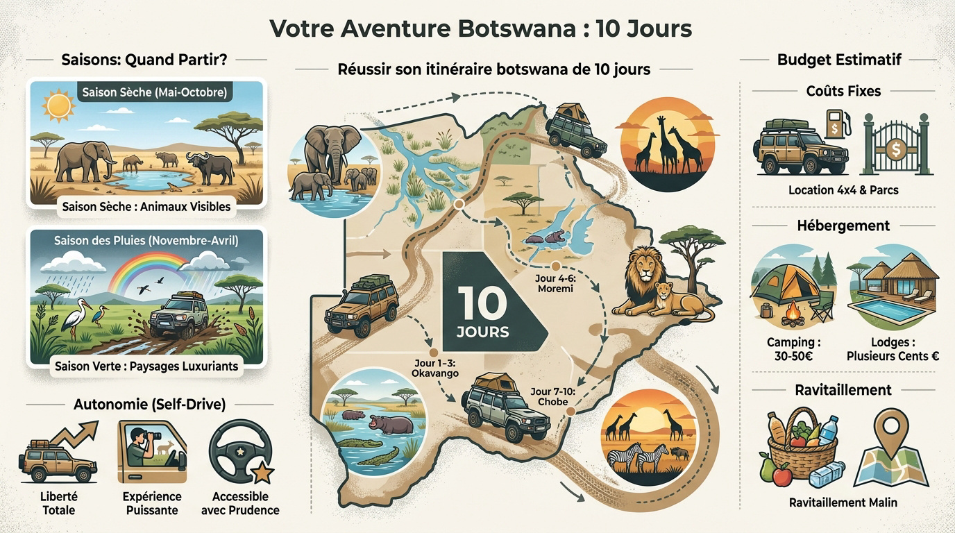 4x4 avec tente de toit lors d'un itinéraire Botswana 10 jours