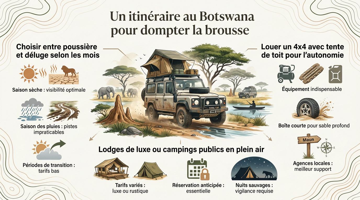 4x4 avec tente de toit installé dans un campement au Botswana
