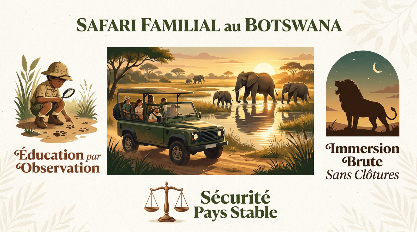 Famille observant un éléphant lors d'un safari au Botswana