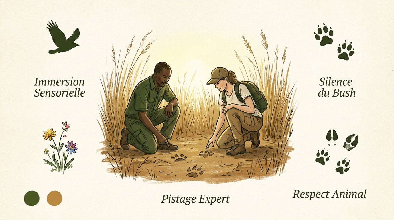 <strong>Safari à pied au Botswana</strong> dans la savane »></p>
<h3>L&rsquo;art du pistage avec les pros</h3>
<p>Les guides locaux maîtrisent le terrain. Ils interprètent chaque cri d&rsquo;oiseau ou empreinte fraîche. Chaque signe devient une <strong>carte précise de la vie sauvage</strong>.</p>
<p>Leur savoir ancestral est une mine d&rsquo;or. On apprend à décoder les cycles de vie. Les comportements animaux n&rsquo;ont <strong>plus aucun secret pour vous</strong>.</p>
<p>L&rsquo;éthique prime sur l&rsquo;adrénaline. On garde une distance de sécurité stricte. Le but est de <strong>ne jamais perturber le comportement naturel</strong>.</p>
<div class=